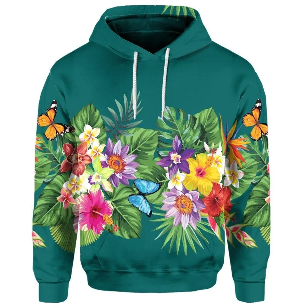 (Personalised) Hawaiian Tropical Strelitzia Plumeria Orchids Hibiscus Polynesian Hoodie - AH