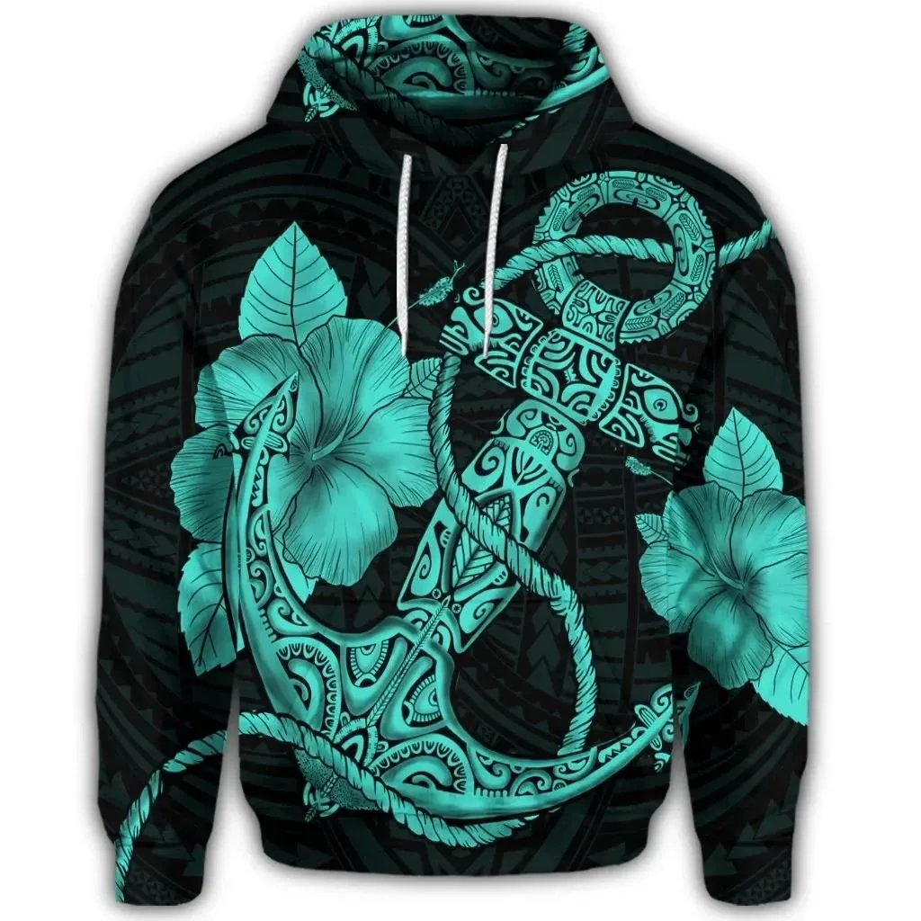 Alohawaii Hoodie - Hawaiian Anchor Poly Tribal Hibiscus Polynesian Hoodie Turquoise - AH - JR