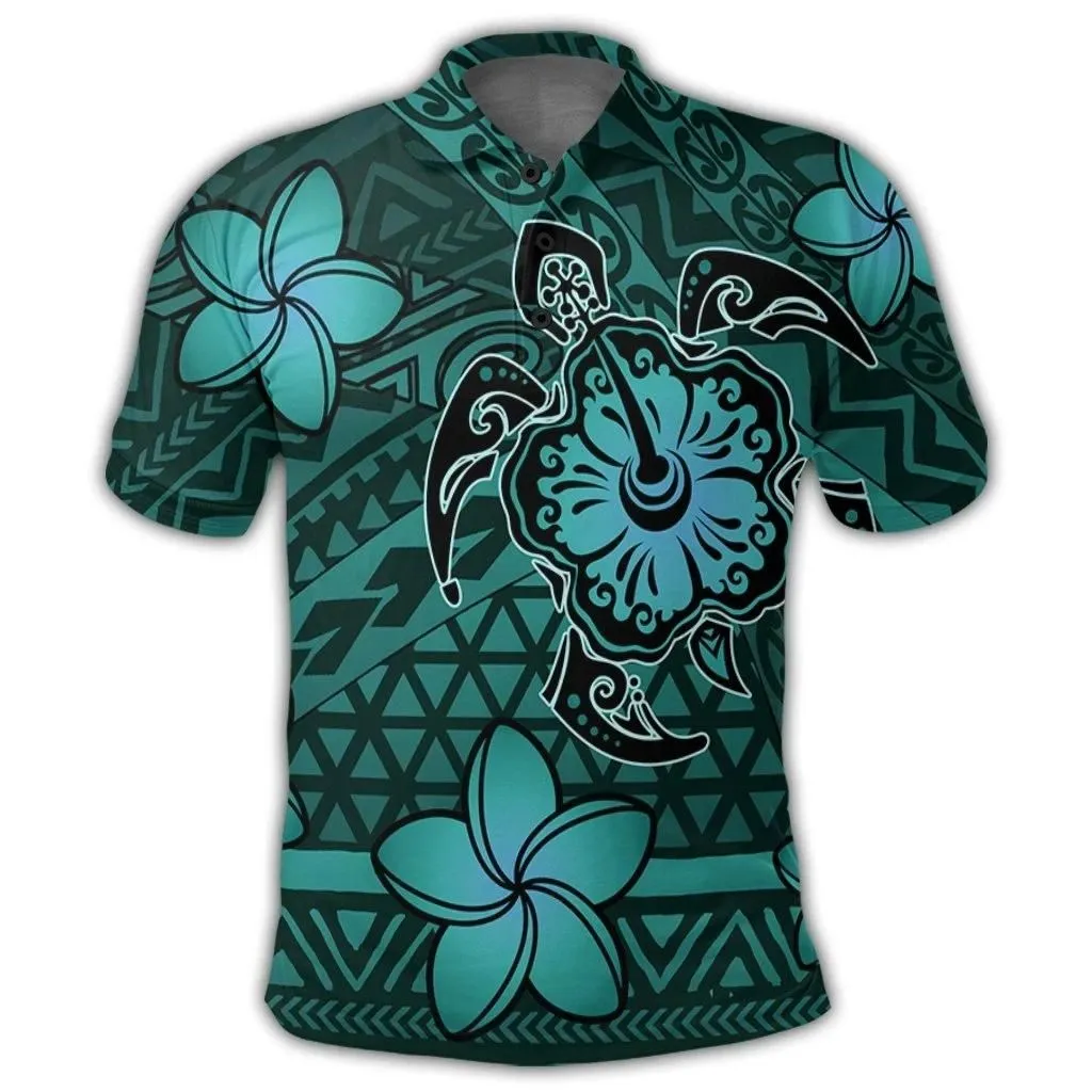 Alohawaii Shirt - Hawaii Mix Polynesian Turtle Plumeria Polo Shirt - AH - Nick Style - Turquoise - J5R