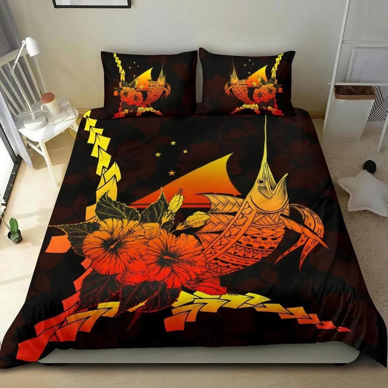 Tokelau Polynesian Bedding Set - Swordfish With Hibiscus