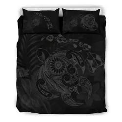 FamilyGater Home Set - Hawaiian Map Turtle Tattoo Hibiscus Plumeria Polynesian Bedding Set - Gray - AH - J4