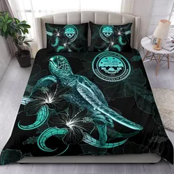 Fedarated States of Micronesia Polynesian Bedding Set - Turtle With Blooming Hibiscus Turquoise