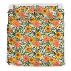 Hawaiian Tropical Hibiscus Flowers Palm Leaves Polynesian Bedding Set