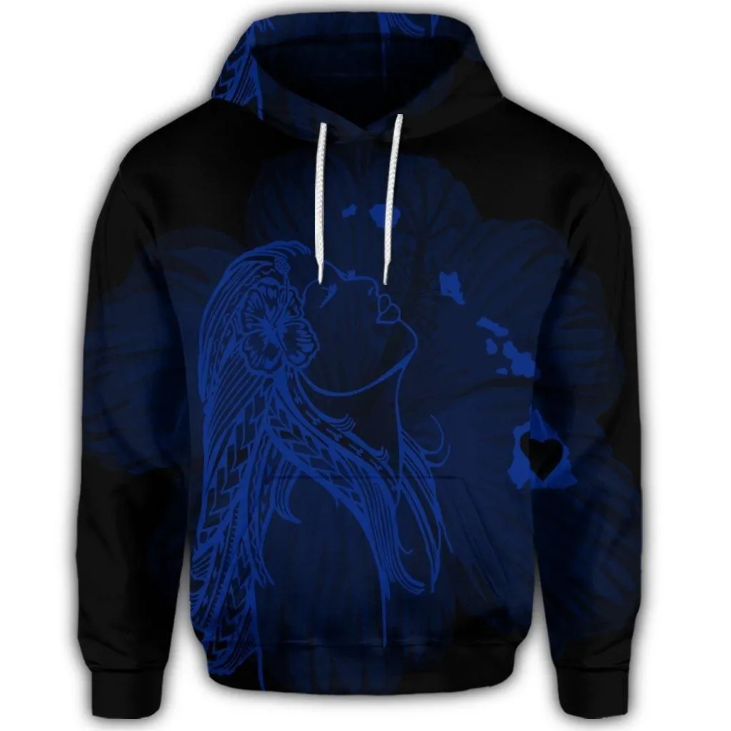 Hawaiian Map Heart Hula Girl Hibiscus Blue Polynesian Hoodie