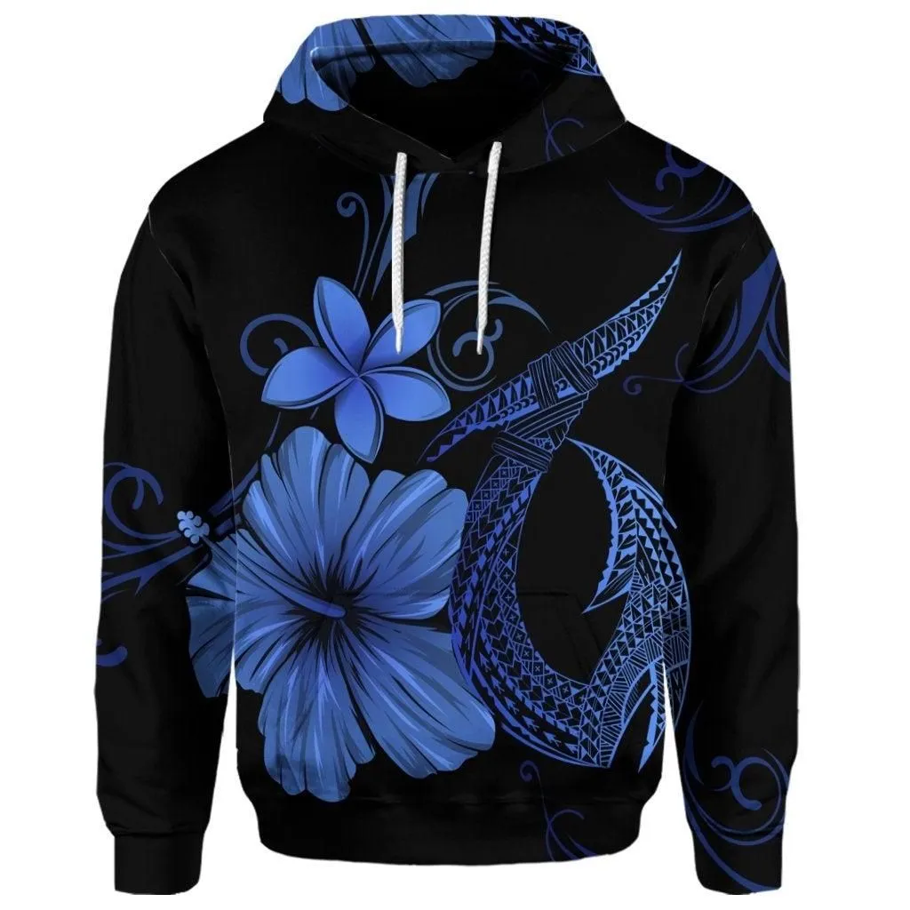 (Personalised) Hawaiian Fish Hook Hibiscus Plumeria Polynesian Hoodie - Blue