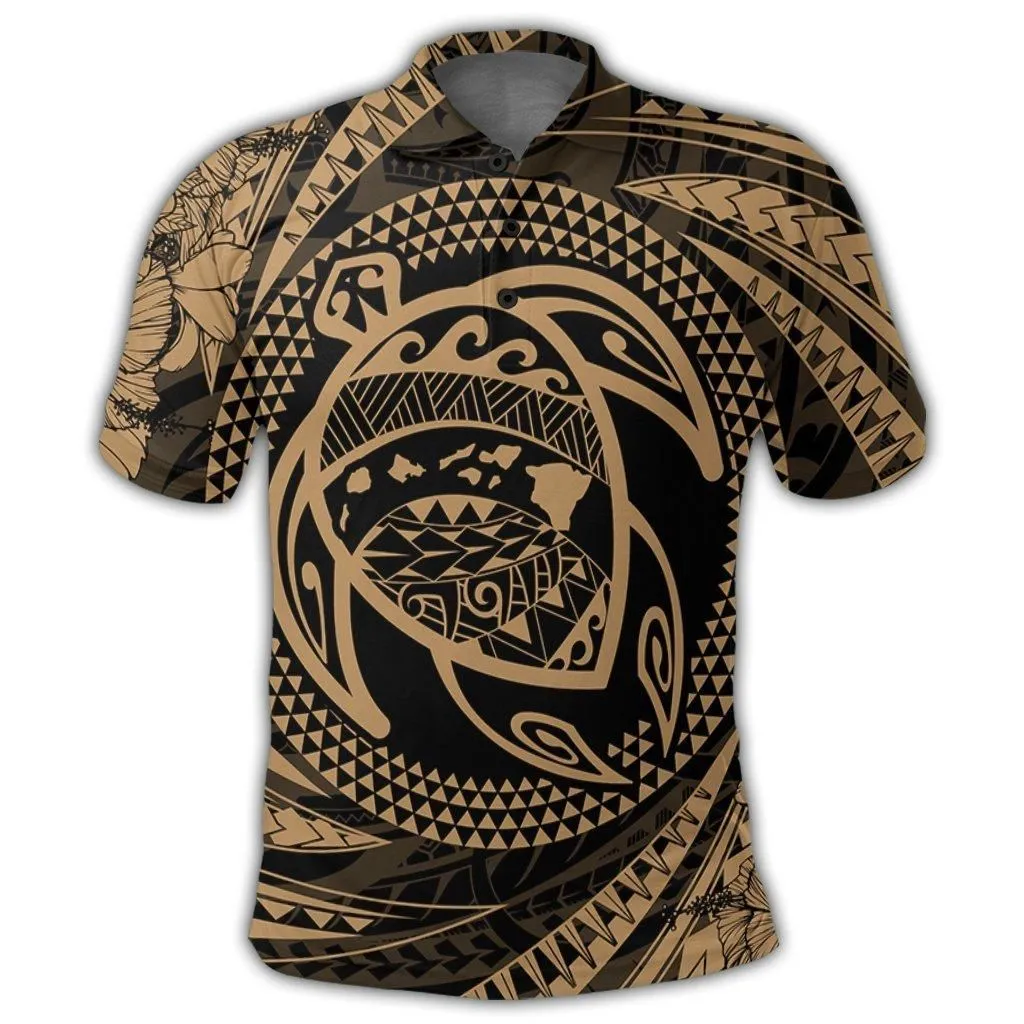 Hawaiian Kanaka Honu Hibiscus Tornando Polynesian Gold Polo Shirt - AH