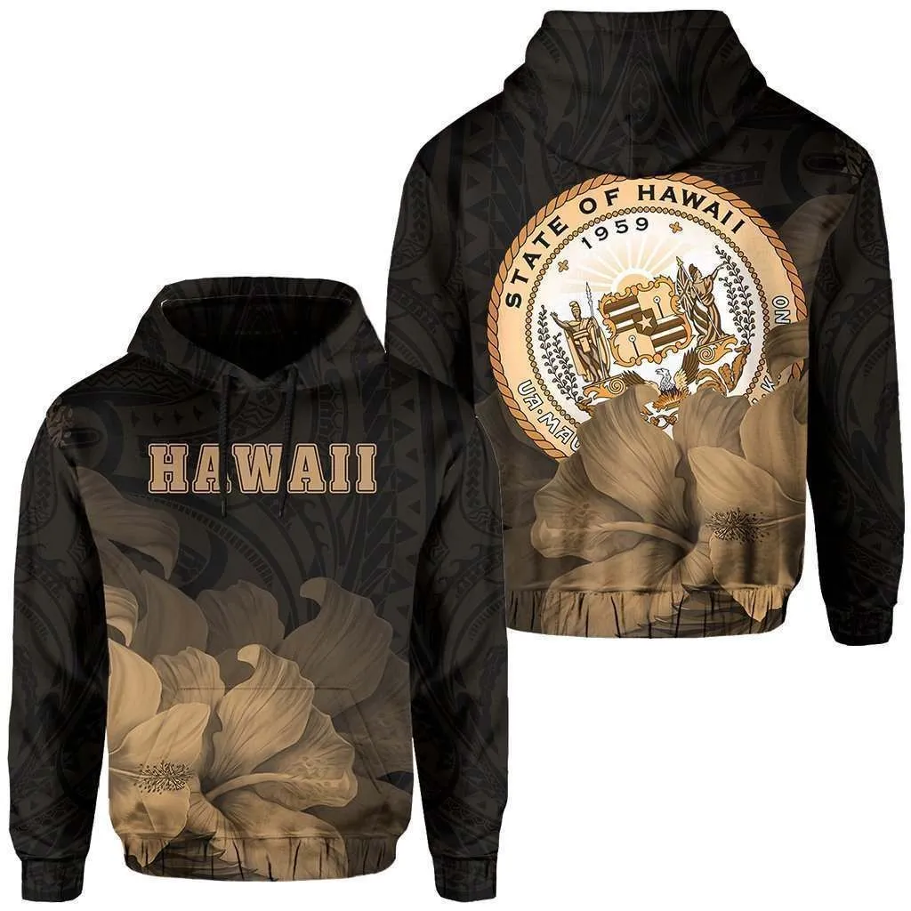 Hawaii State Hibiscus Gold Polynesian Floral Style Hoodie Bt08