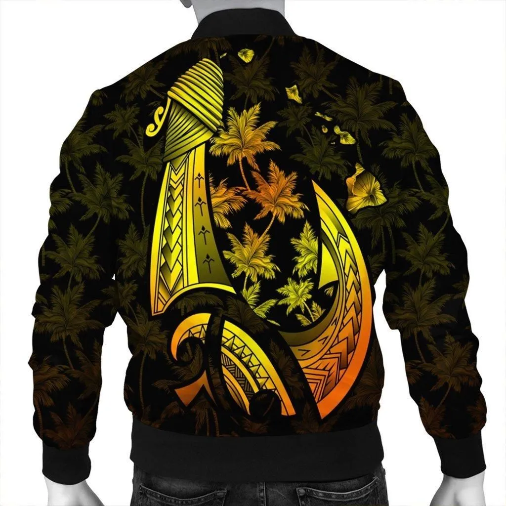Hawaiian Map Palm Trees Fish Hook Polynesian Bomber Jacket Colorful Yellow
