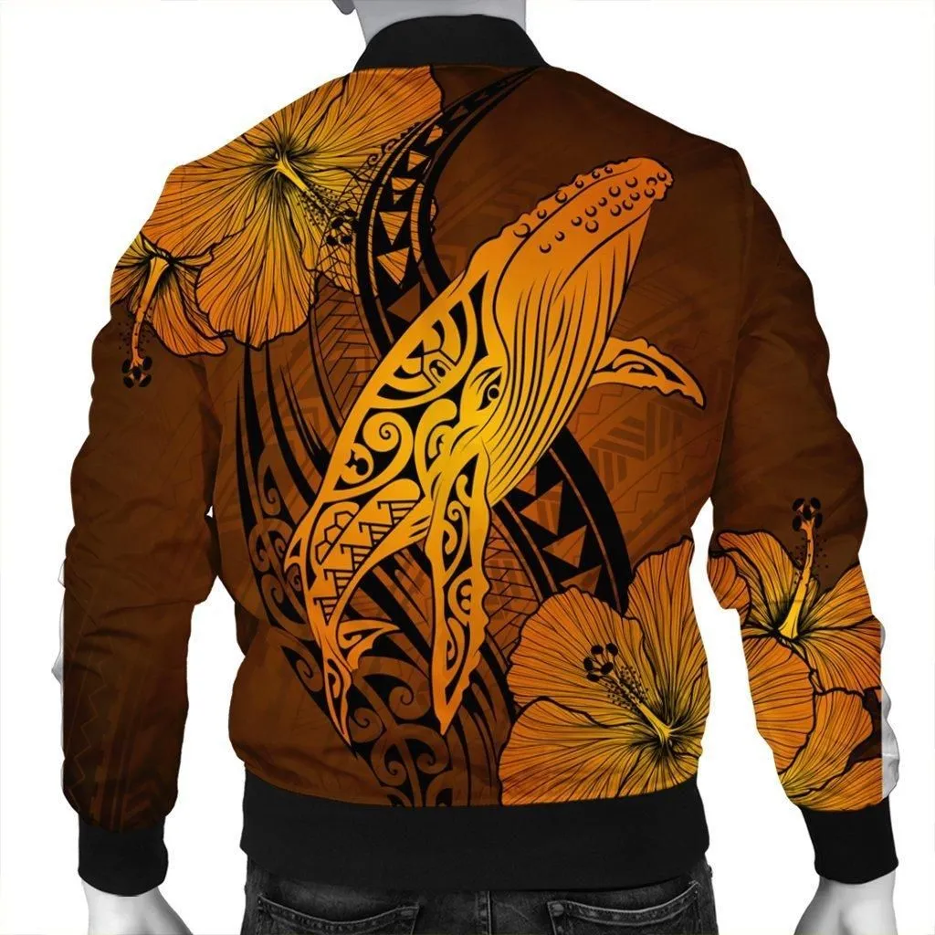 Hawaiian Map Whale Swim Hibiscus Polynesian Bomber Jacket - Orange