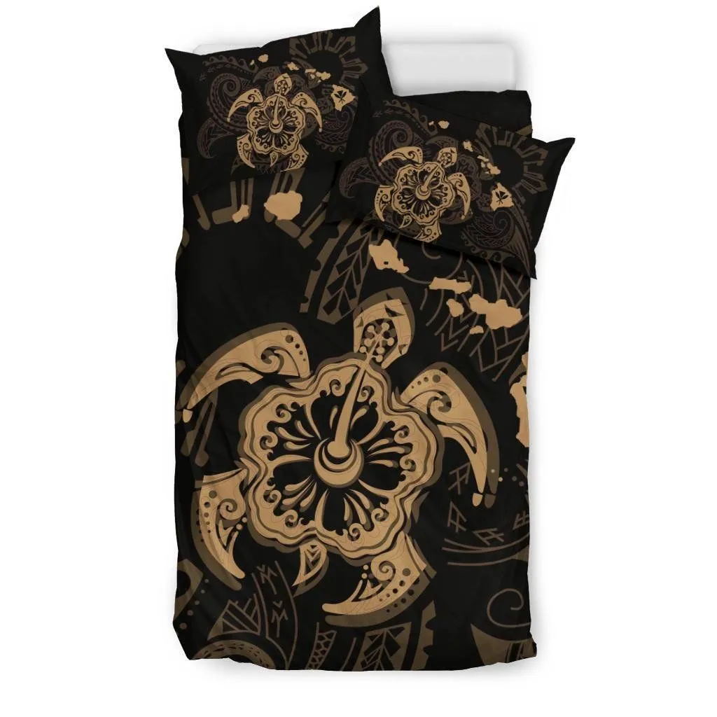 FamilyGater Bedding Set - Cover and Pillow Cases Hawaiian Map Kanaka Hibiscus Turtle Gold Polynesian - AH - J4