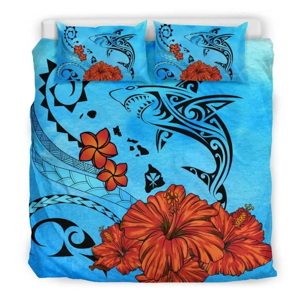 FamilyGater Home Set - Hawaiian Map Kanaka Shark Hibiscus Plumeria Ocean Background Polynesian Bedding Set - AH J9