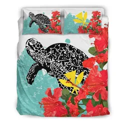 FamilyGater Home Set - Hawaiian Sea Turtle Kanaka Hibiscus Polynesian Bedding Set - AH J9