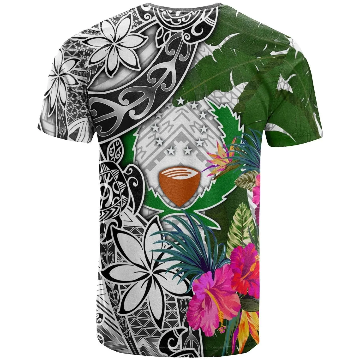 Pohnpei T-Shirt White - Turtle Plumeria Banana Leaf - BN11