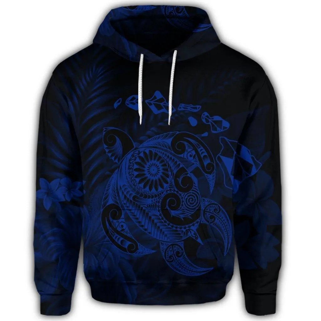 Hawaiian Map Turtle Tattoo Hibiscus Plumeria Polynesian Hoodie - Blue - AH