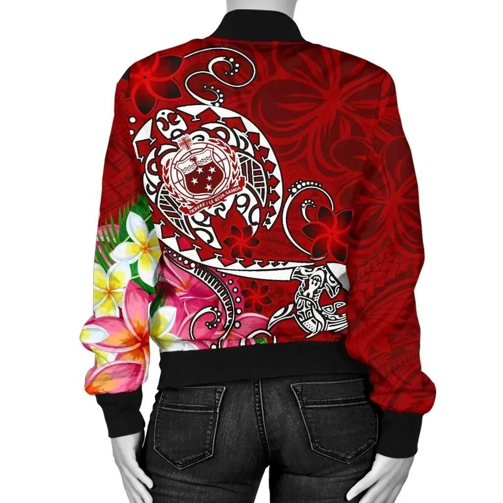 Samoa Custom Personalised Women's Bomber Jacket - Turtle Plumeria (Red) - BN18