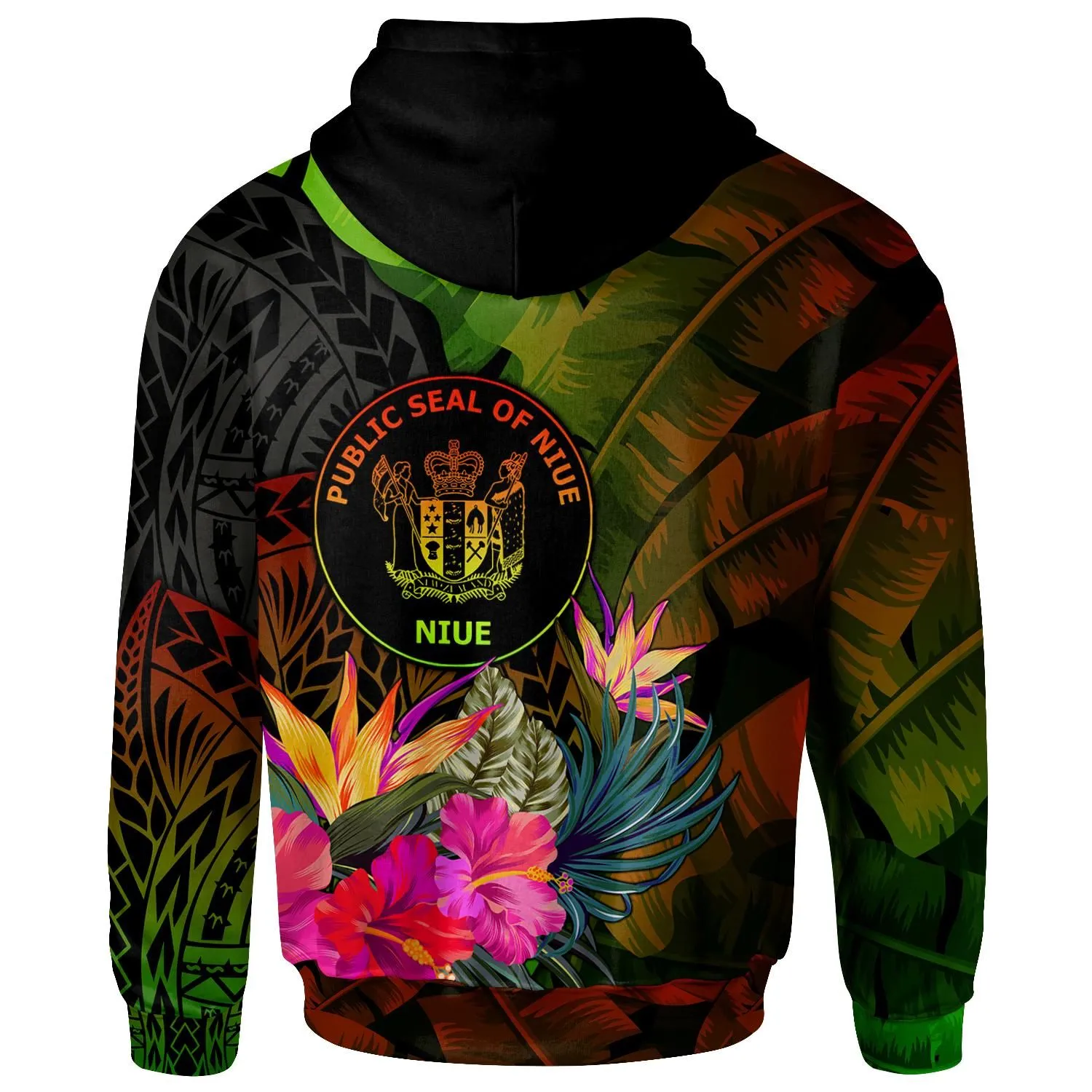 Niue Polynesian Personalised Hoodie - Hibiscus and Banana Leaves