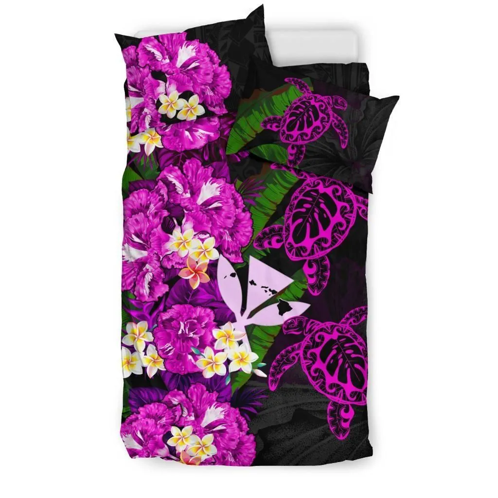 Kanaka Maoli (Hawaiian) Bedding Set - Polynesian Hibiscus Turtle Palm Leaves Pink A02