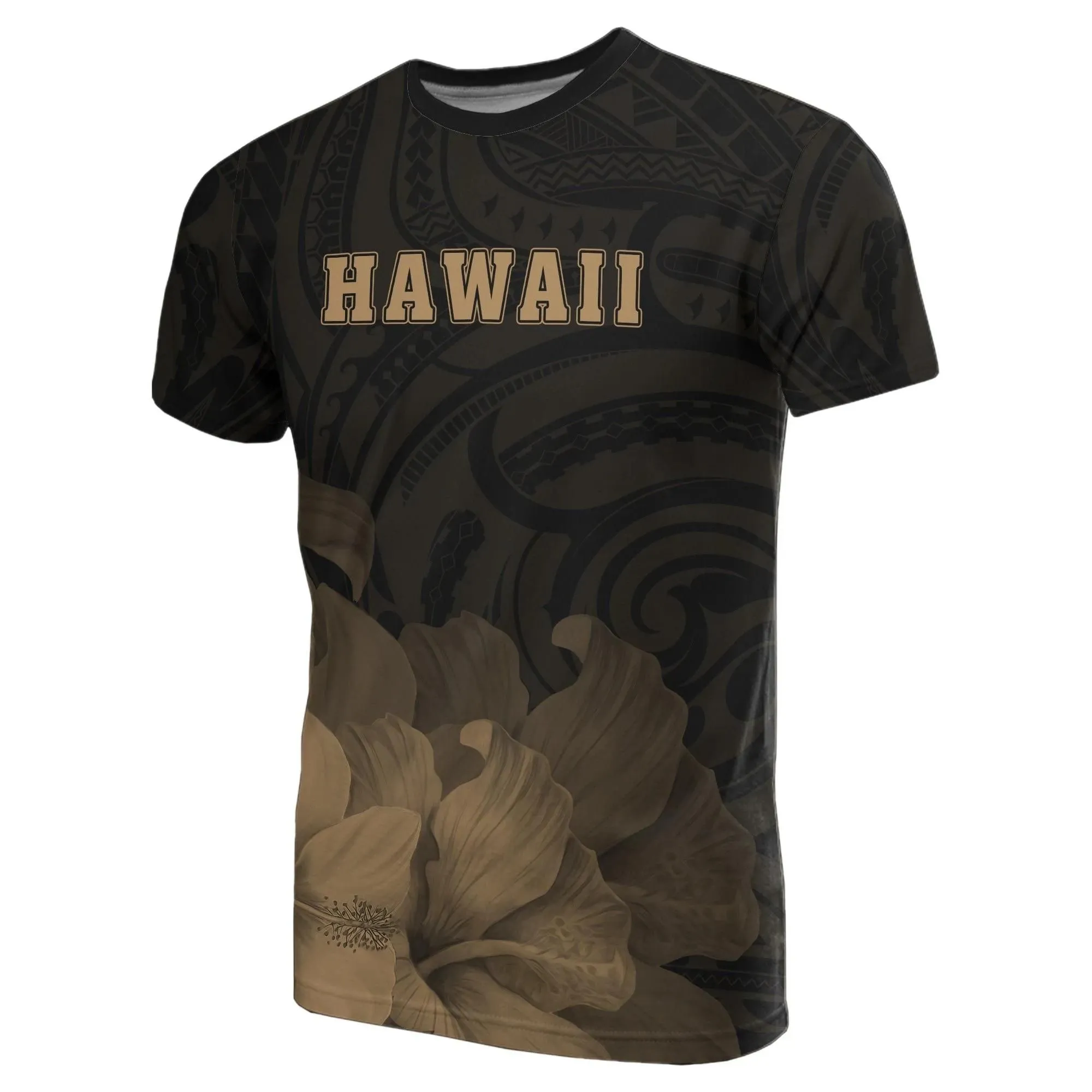 Hawaii State Hibiscus Gold Polynesian T-Shirt - Floral Style - AH - J1