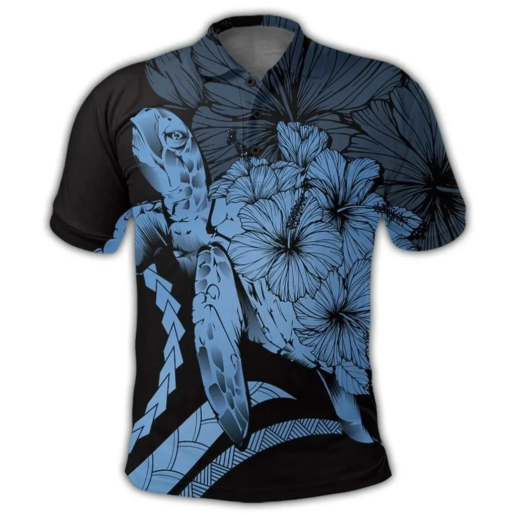 Alohawaii Shirt - Hawaii Turtle Hibiscus Polynesian Vintage Polo Shirt - Pastel Blue - AH - J4R