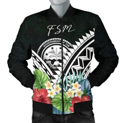 FSM Mens Bomber Jacket - FSM Coat of Arms & Polynesian Tropical Flowers White
