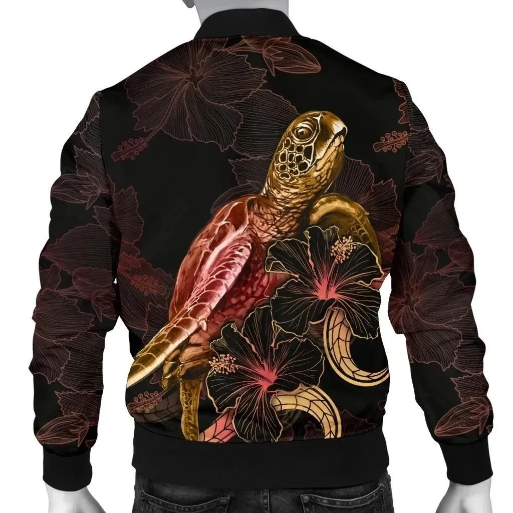 FamilyGater Jacket - Bomber Jacket Hawaii Polynesian - Turtle With Blooming Hibiscus Gold - BN22