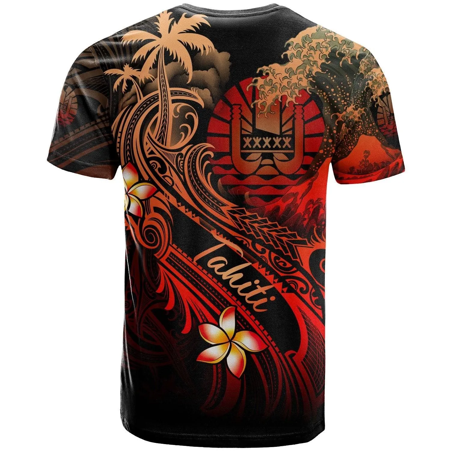 Tahiti Polynesian T-Shirt - Plumeria Flowers And Waves