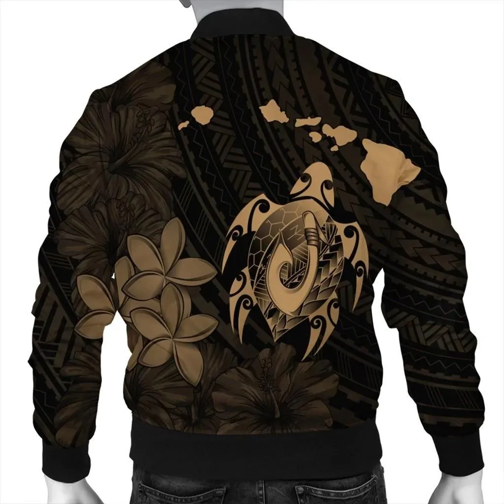FamilyGater Jacket - Hawaiian Map Turtle Plumeria Hibiscus Fish Hook Polynesian Bomber Jacket Gold - AH - J5R