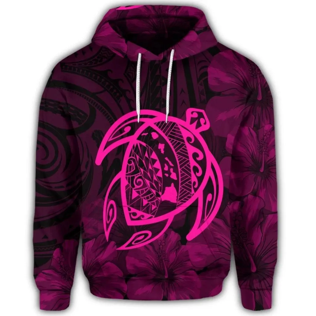Alohawaii Hoodie - Hawaiian Map Turtle Kanaka Hibiscus Polynesian Hoodie - Pink - AH - J4R