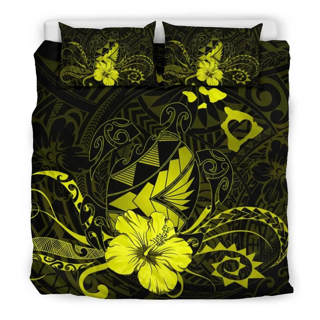 FamilyGater Bedding Set - Cover and Pillow Cases Hawaiian Map Heart Turtle Tattoo Hibiscus Polynesian - Yellow - AH J9