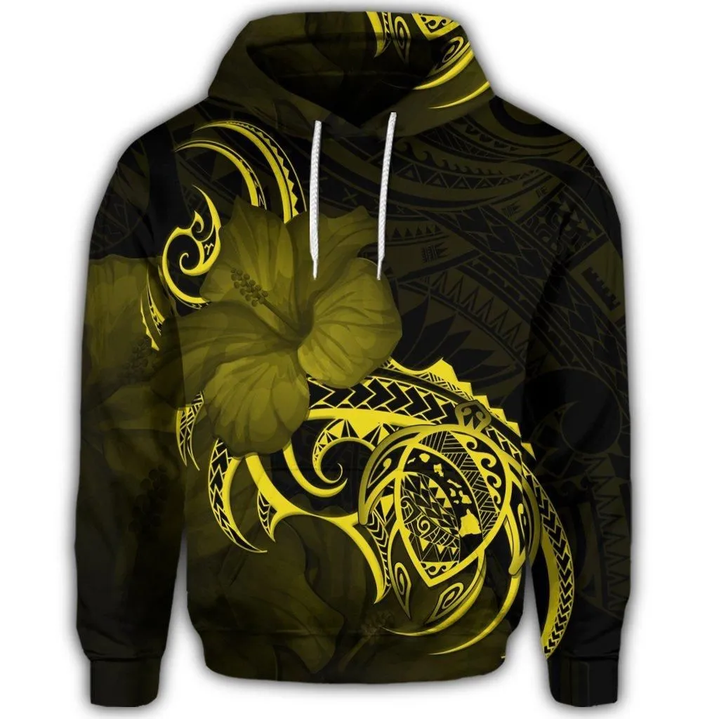 Hawaiian Map Turtle Hibiscus Divise Polynesian Hoodie Yellow
