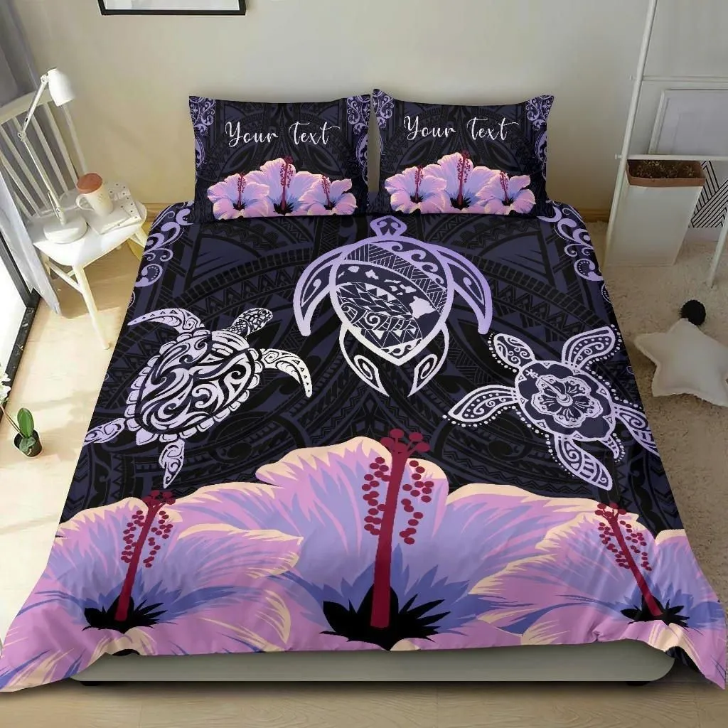 Alohawaii Home Set - Hawaii Map Turtle Hibiscus Polynesian Luxury Personalized Bedding Set - Honu Ohana - Purple - AH - J6