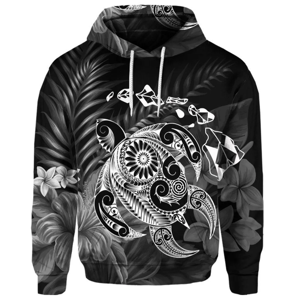 (Personalised) Hawaiian Map Turtle Tattoo Hibiscus Plumeria Polynesian Hoodie - White - AH