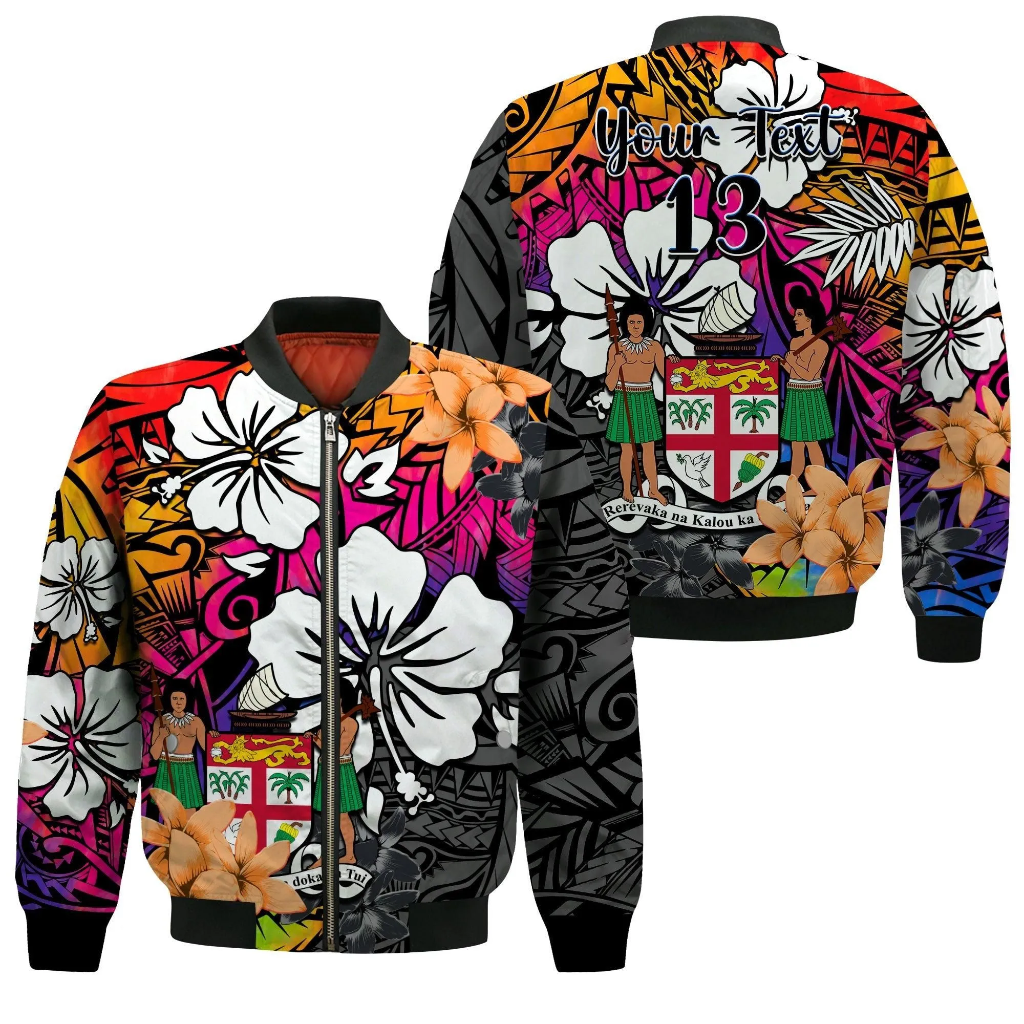 (Custom Text and Number) Fiji Tie Dye Bomber Jacket Polynesian Tribal Creative Tropical Flowers LT13