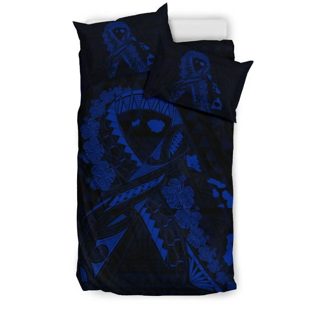 Hawaiian Map Heart Ribbon Cancer Hibiscus Polynesian Bedding Set - Blue - AH J4