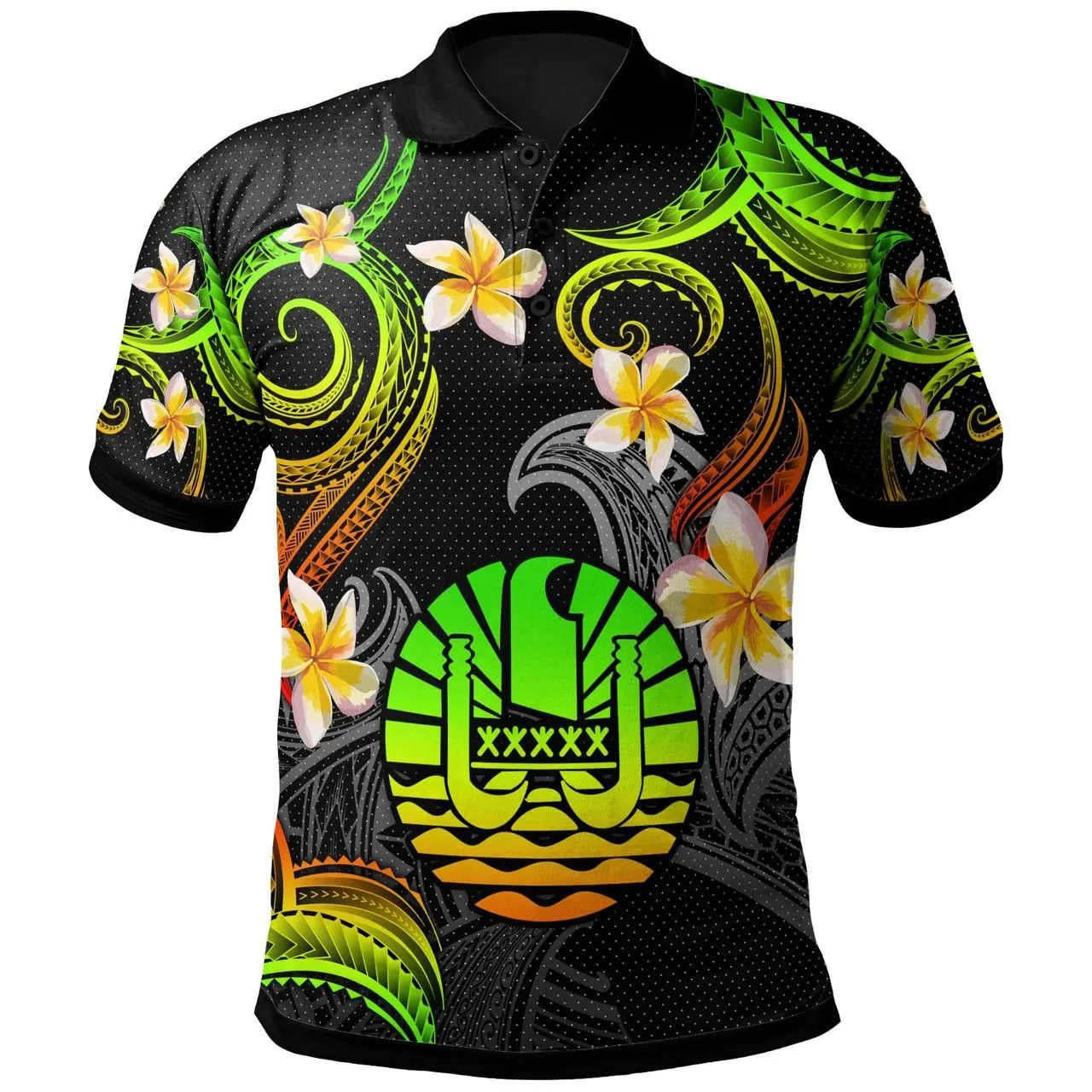 Tahiti Polo Shirt - Custom Personalised Polynesian Waves with Plumeria Flowers (Reggae)