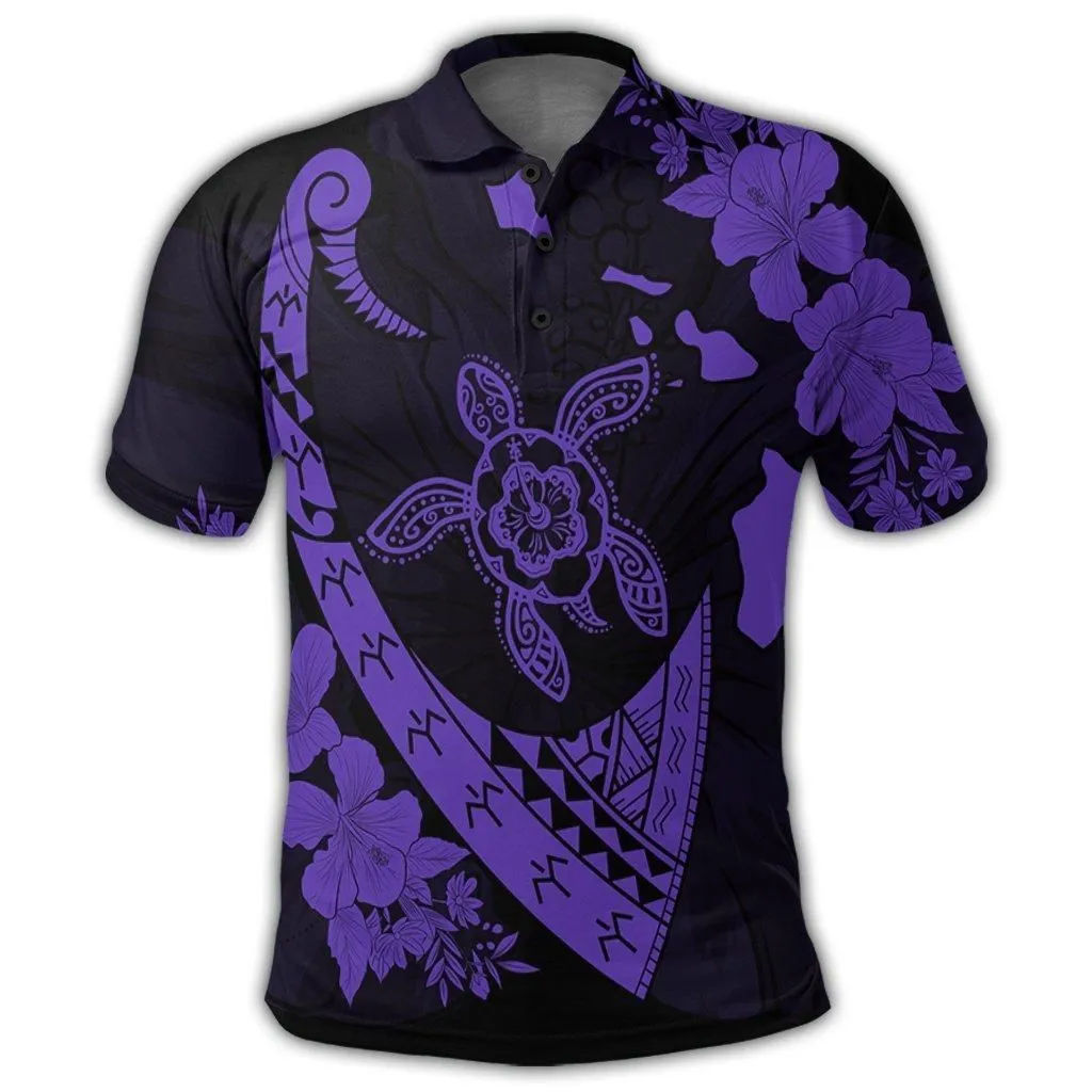 Hawaiian Map Hibiscus Turtle Fish Hook Polynesian Polo Shirt Purple - AH