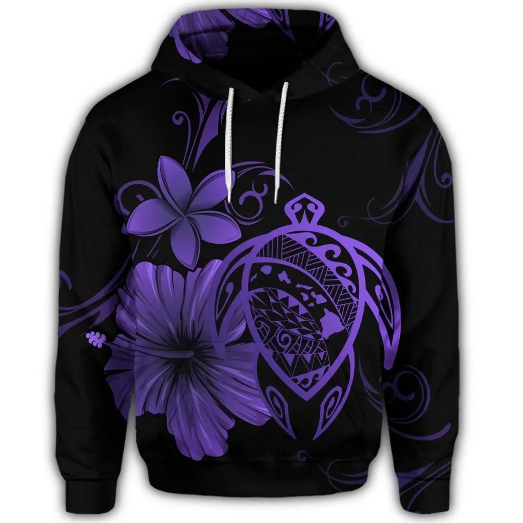 Hawaiian Map Turtle Hibiscus Plumeria Polynesian Hoodie - Purple