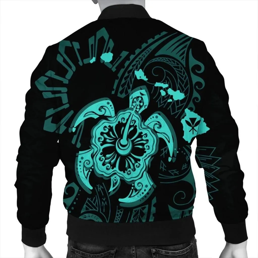 FamilyGaterJacket - Hawaiian Map Kanaka Hibiscus Turtle Turquoise Polynesian Bomber Jacket - AH - J4R