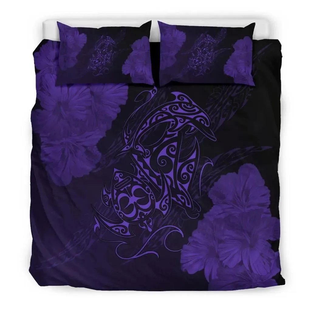 FamilyGater Home Set - Hawaiian Hibiscus Dolphin Manta Ray Turtle Polynesian Bedding Set Waves Purple - AH - J5