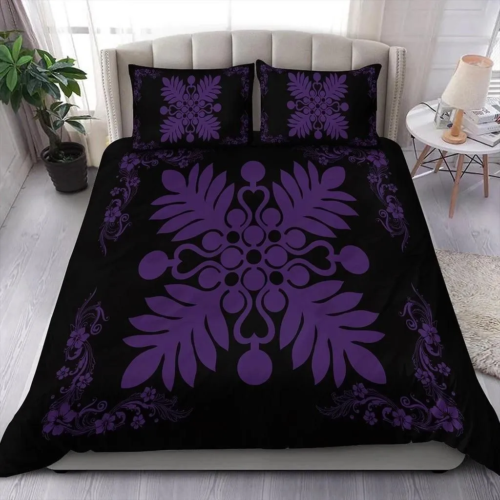 Alohawaii Home Set - Hawaiian Quilt Maui Plant And Hibiscus Pattern Bedding Set - Purple Black - AH J8