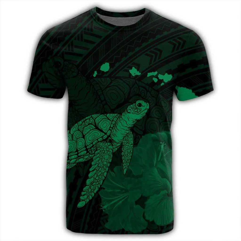 Hawaii Polynesian Hibiscus Turtle Map T-Shirt Green - AH