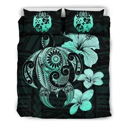 FamilyGater Bedding Set - Cover and Pillow Cases Tonga Hibiscus Plumeria Mix Polynesian Turtle Turquoise J1