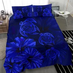 Alohawaii Bedding Set - Cover and Pillow Cases Hawaiian Map Turtle Hibiscus Vintage Polynesian Blue - AH - J9