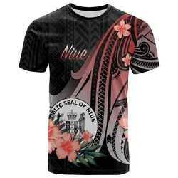 Niue T shirt - Red Polynesian Hibiscus Pattern Style