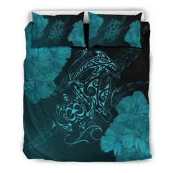 FamilyGater Home Set - Hawaiian Hibiscus Dolphin Manta Ray Turtle Polynesian Bedding Set Waves Blue - AH - J5