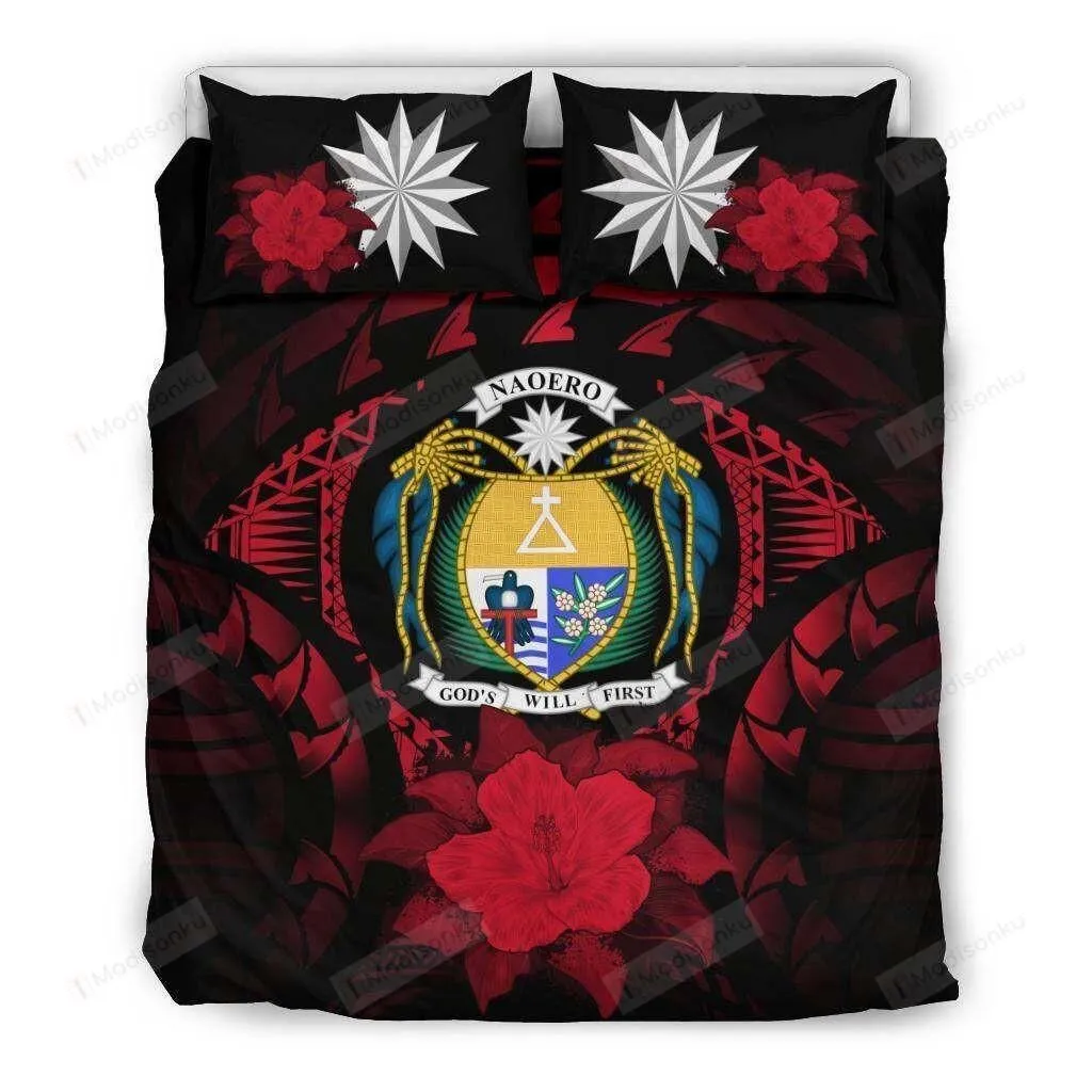 Nauru Red Hibiscus Cotton Bed Sheets Spread Comforter Duvet Cover Bedding Sets