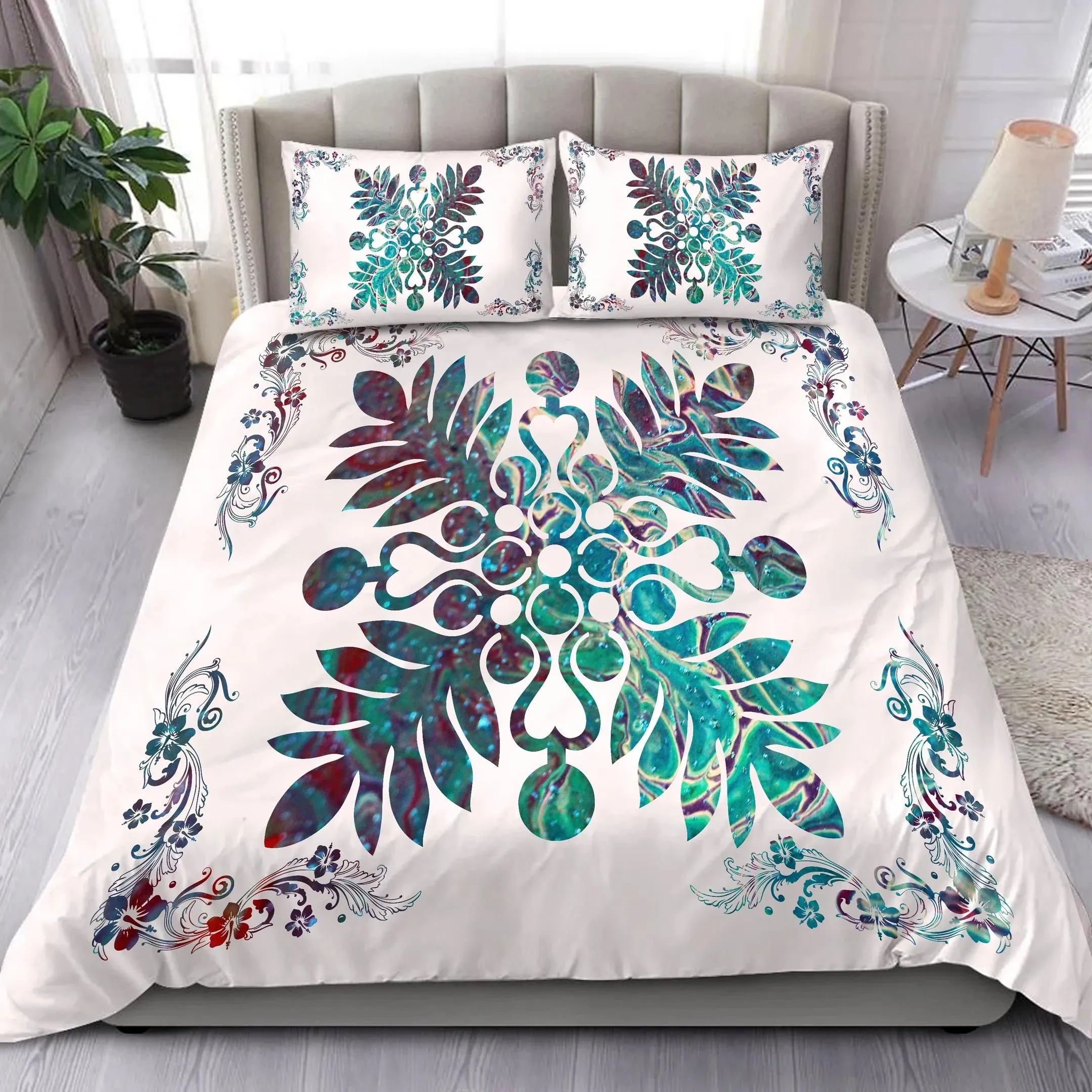 Alohawaii Home Set - Hawaiian Quilt Maui Plant And Hibiscus Pattern Bedding Set - Shell White - AH J8