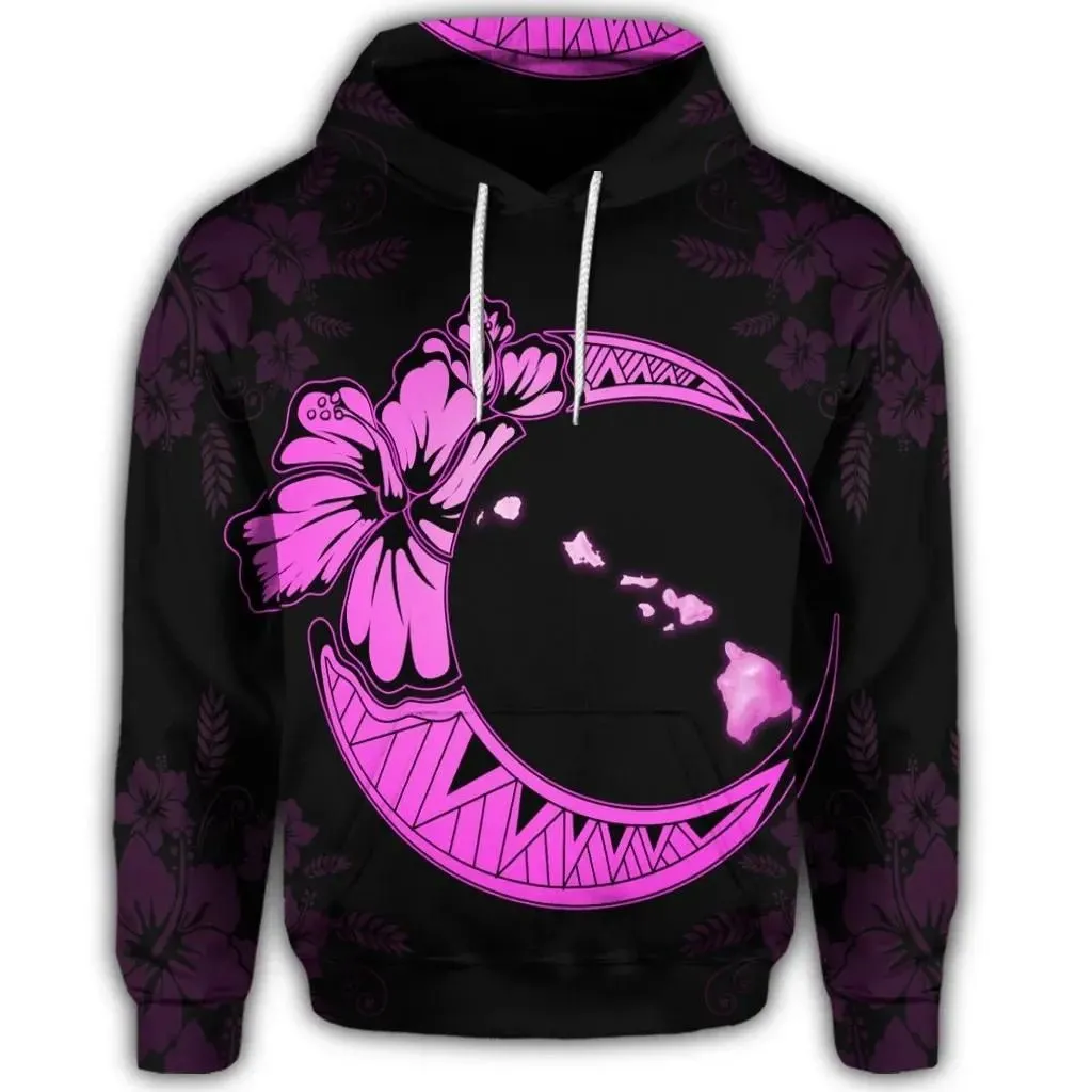 Alohawaii Hoodie - Hawaiian Map Hibiscus Turtle Polynesian Moon Hoodie Pink - AH - JR