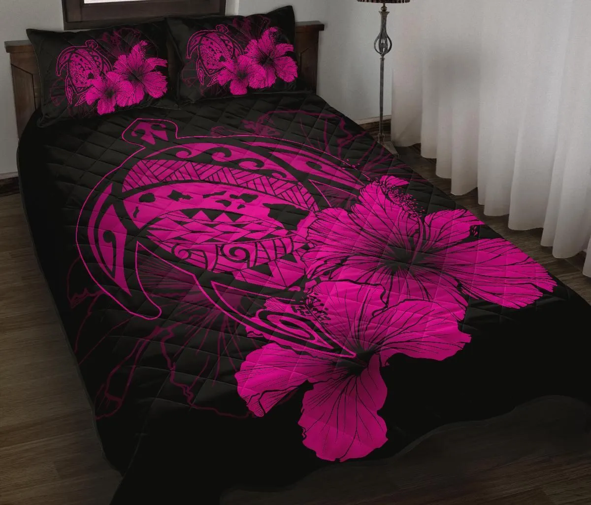 Hawaiian Map Turtle Hibiscus Polynesian Quilt Bedding Set - Pink