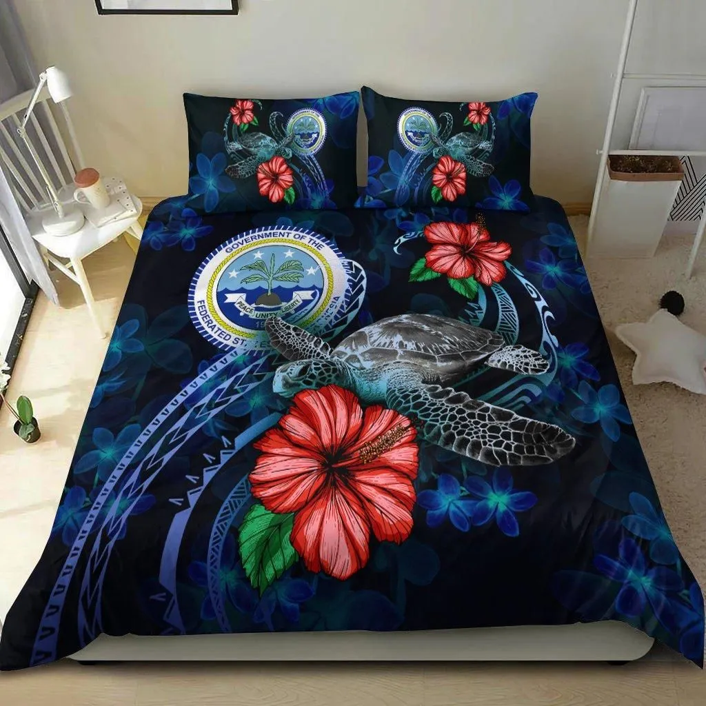 Federated States Of Micronesia Bedding Set - Blue Turtle Hibiscus